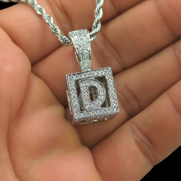 20"Rope Chain - 14K White Gold Finish Square Letter D. - Picture 5 of 7